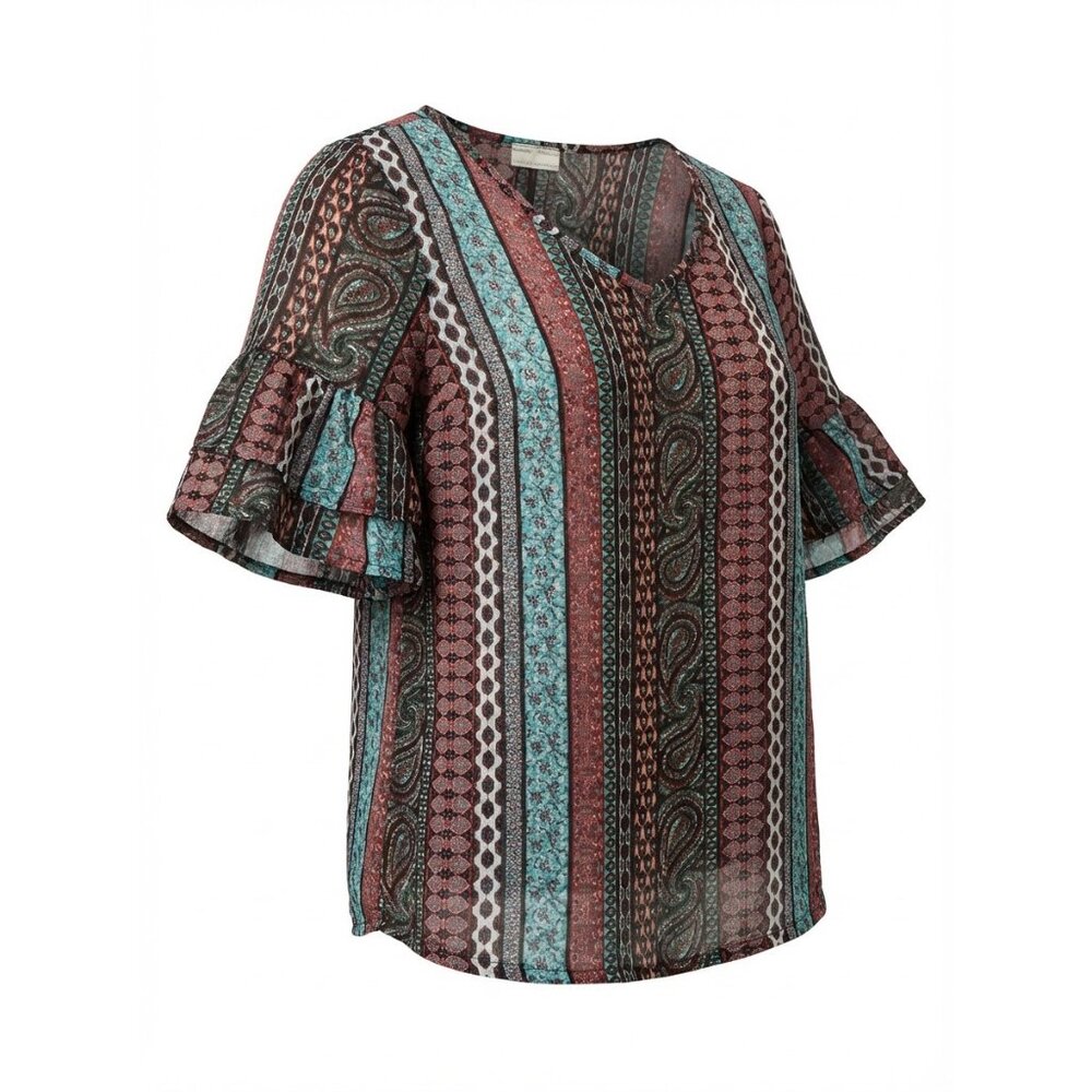 Bobbie Brooks‎ Womens Boho Striped Paisley Print Top With Flutter Sleeves Size L